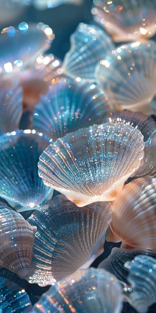 many sea shells are lined up together