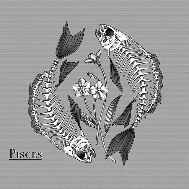 two fish are in the middle of a flower and skeleton bones on a gray background