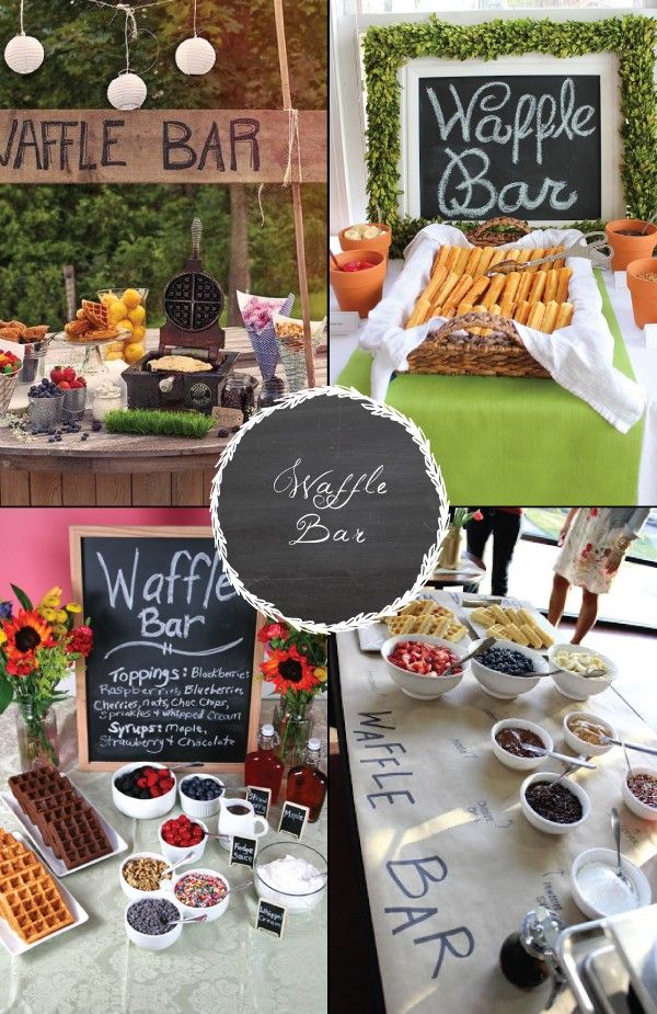 a collage of pictures with food and drinks on it, including waffle bar