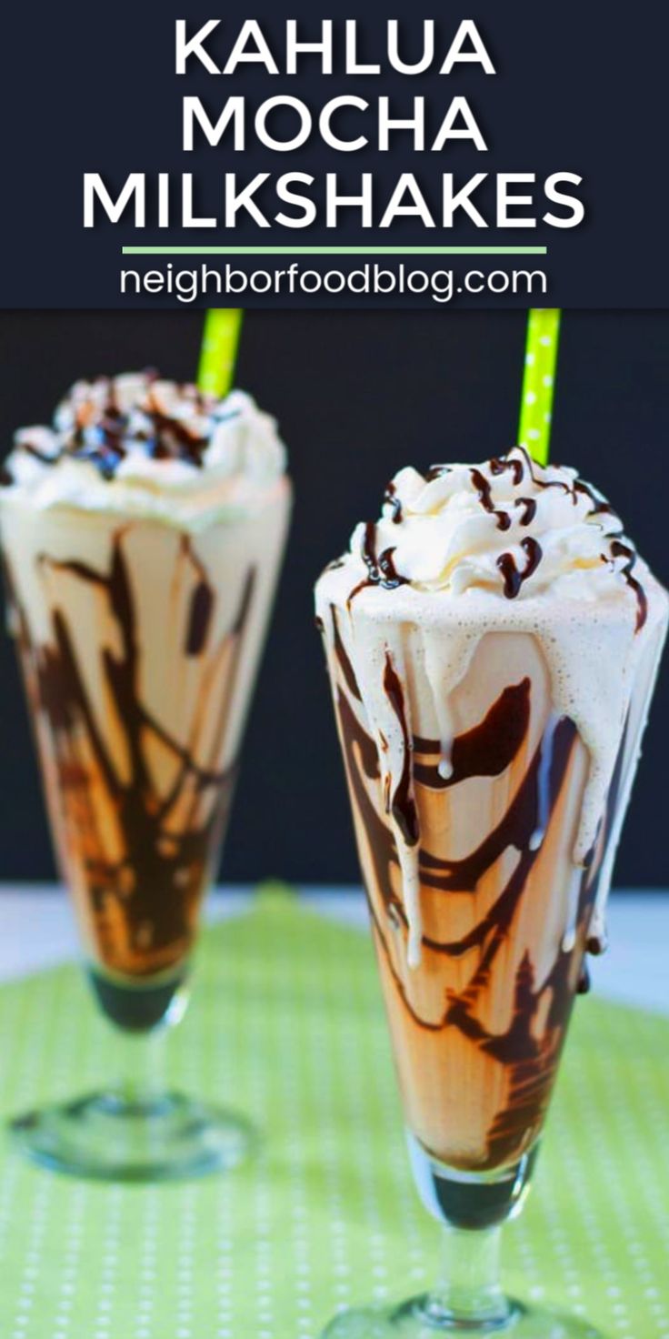 two milkshakes with whipped cream and chocolate drizzled on the top