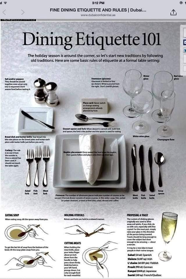 an image of a table setting with silverware and wine glasses on the menu for dining etiquette 101