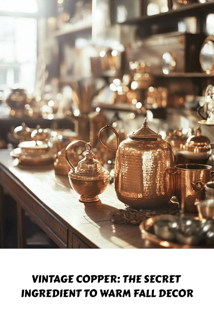 antique copper teapots and other items on display in an antique shop text reads vintage copper the secret ingredient to warm fall decor