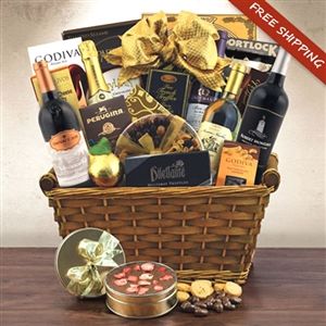 a basket filled with wine and snacks