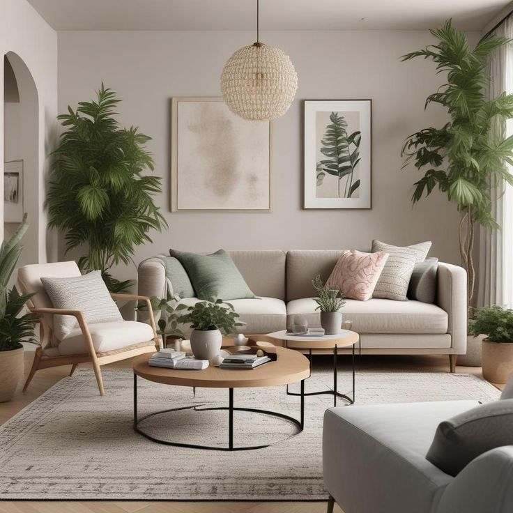 a living room filled with furniture and potted plants