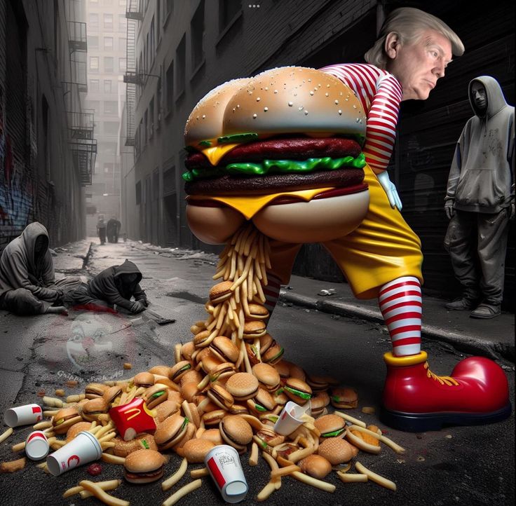 a man standing on top of a pile of junk next to a giant hamburger