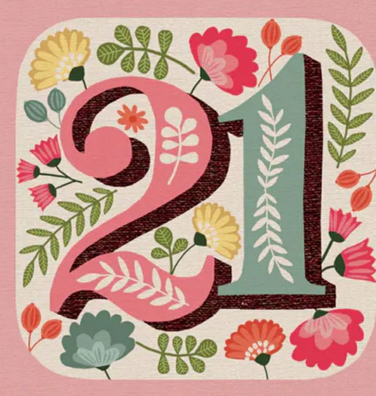 the number one is surrounded by flowers and leaves on a pink background with white lettering