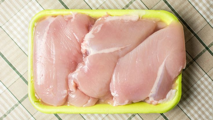 raw chicken pieces in a yellow container on a green and white checkered tablecloth