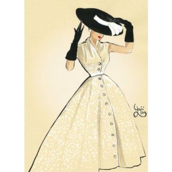 a drawing of a woman in a white dress and black hat with her hands on her head