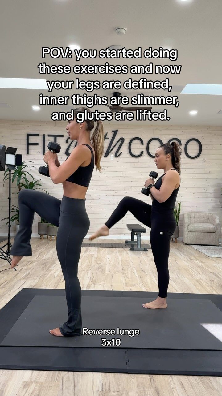 two women doing yoga poses with the caption pov's you started doing these exercises and now