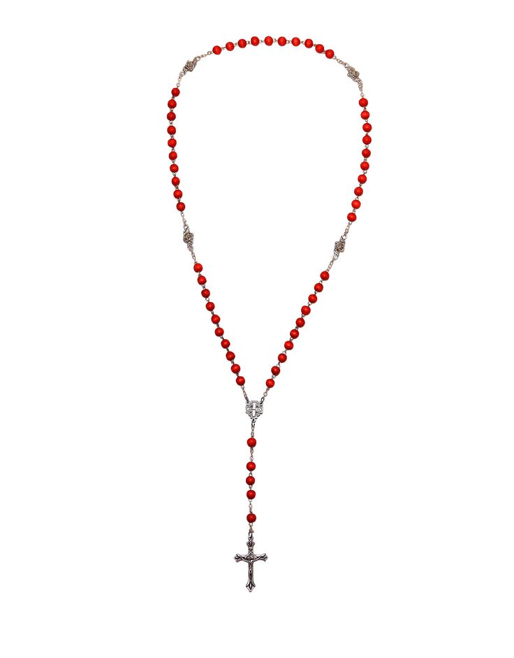 This olive wood rosary with a metal Jerusalem cross is handmade in the Galilee and is a piece that holds much sentimental value. It can be worn for its beautiful, elegant look and for religious purposes. This specific piece embodies the word Rose in Rosary. The rose-red tone symbolizes love, beauty, and virtue. With four rose pendants perfectly placed around the necklace the signature look of this piece is born. Along the visual features signifying the rose flower, a sweet rose scent emanates from the round olive beads. Collecting prayers is like growing a garden or arranging a bouquet and this rosary is a pleasant tool and reminder of that. Our artists hand-carve our products from blocks of fragrant wood, and their fragrance and appearance guarantee a spiritual and visually perceptible ex Red Rosary Necklace, Wooden Beads Rosary With Crucifix As Gift, Gift Rosary With Wooden Beads And Crucifix, Red Rosary, Crucifix Necklace, Praying The Rosary, Rosary Necklace, Rose Rouge, Rose Pendant