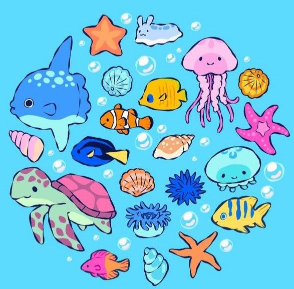 an image of various sea animals in the ocean with bubbles and starfish on blue background