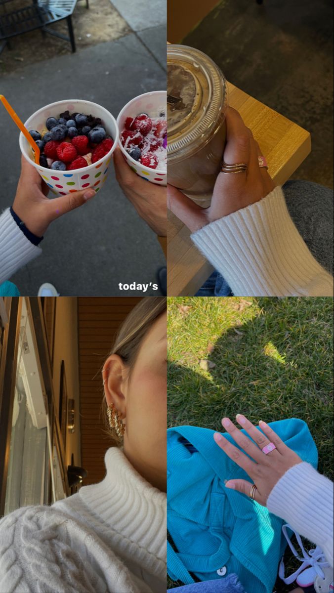 the collage shows three different pictures of people eating fruit and holding their hands out to each other