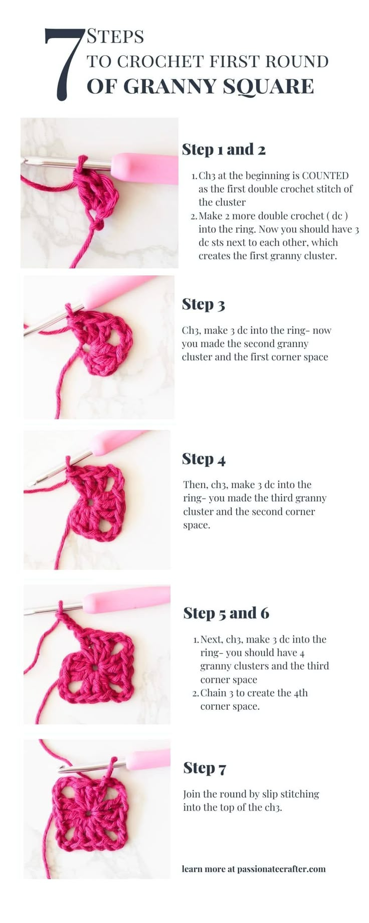 instructions to crochet the first round of granny's square, in three steps