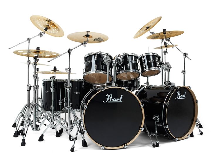 the pearl drum set is shown in black with gold hardware and cymbal drums