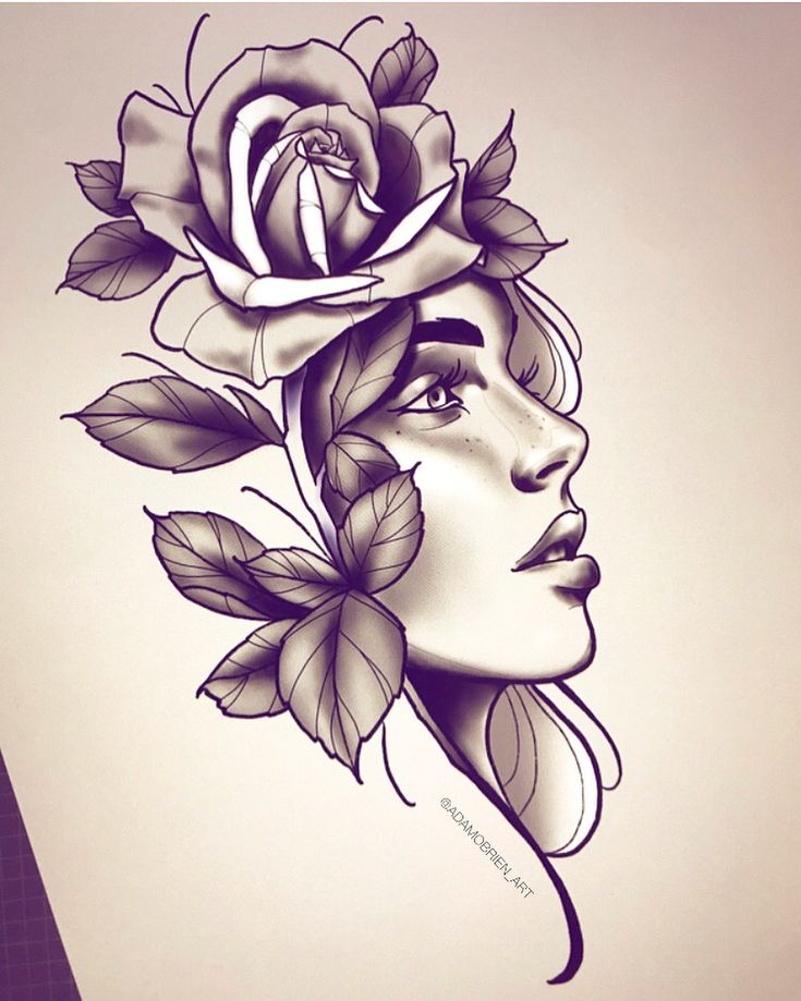 a drawing of a woman's face with roses in her hair