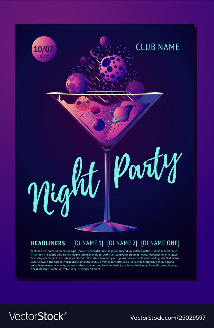 a night party flyer with a martini glass and planets on the rim, in purple tones