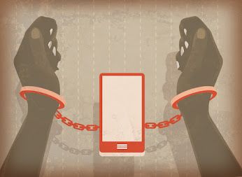 two hands chained to a cell phone with chains around them and the screen is red