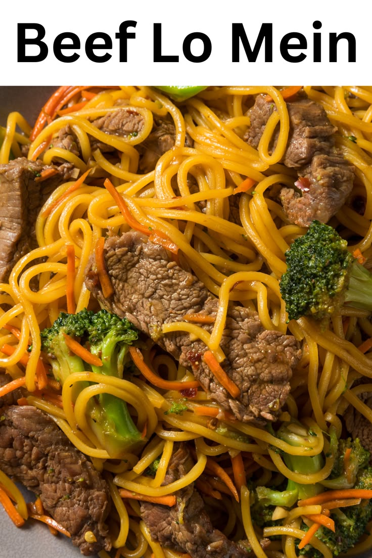 beef lo mein with broccoli and carrots in a bowl