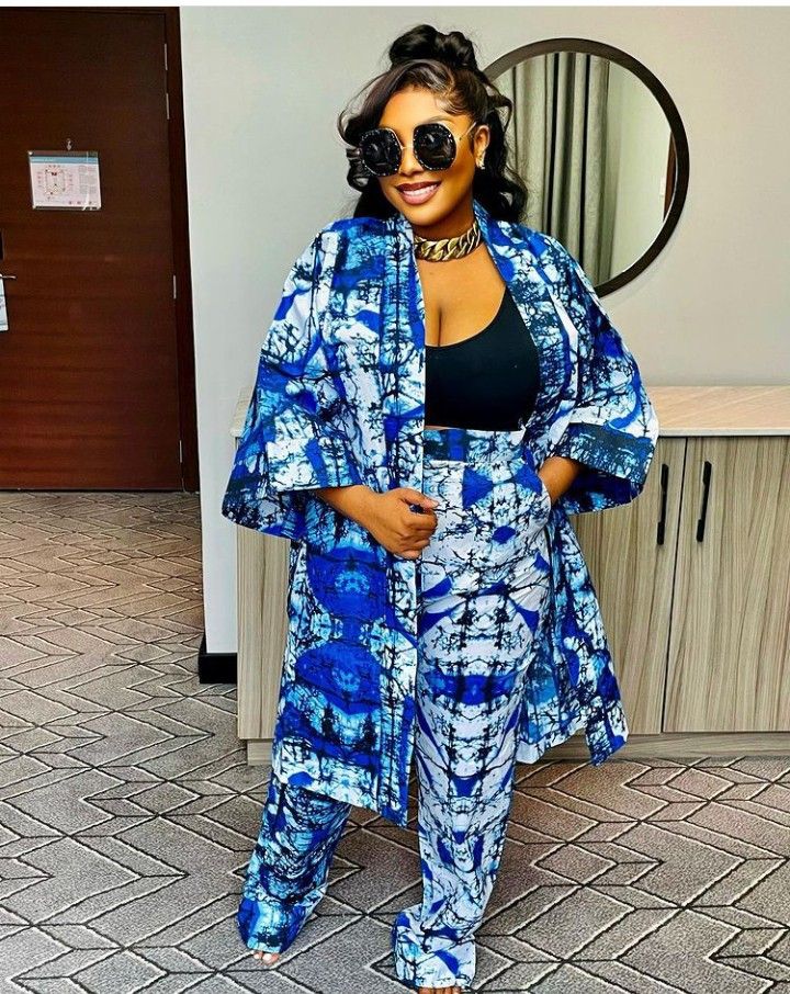 Kimono Jacket And Palazzo Trouser, Adire Pant And Top, Kampala Kimono Styles, Adire Kimono And Trouser, Ankara Kimono Jacket And Trouser, Adire Styles For Ladies 2 Piece, Kampala Trouser And Top For Ladies, Kimono And Palazzo Outfit, Adire Top And Trouser