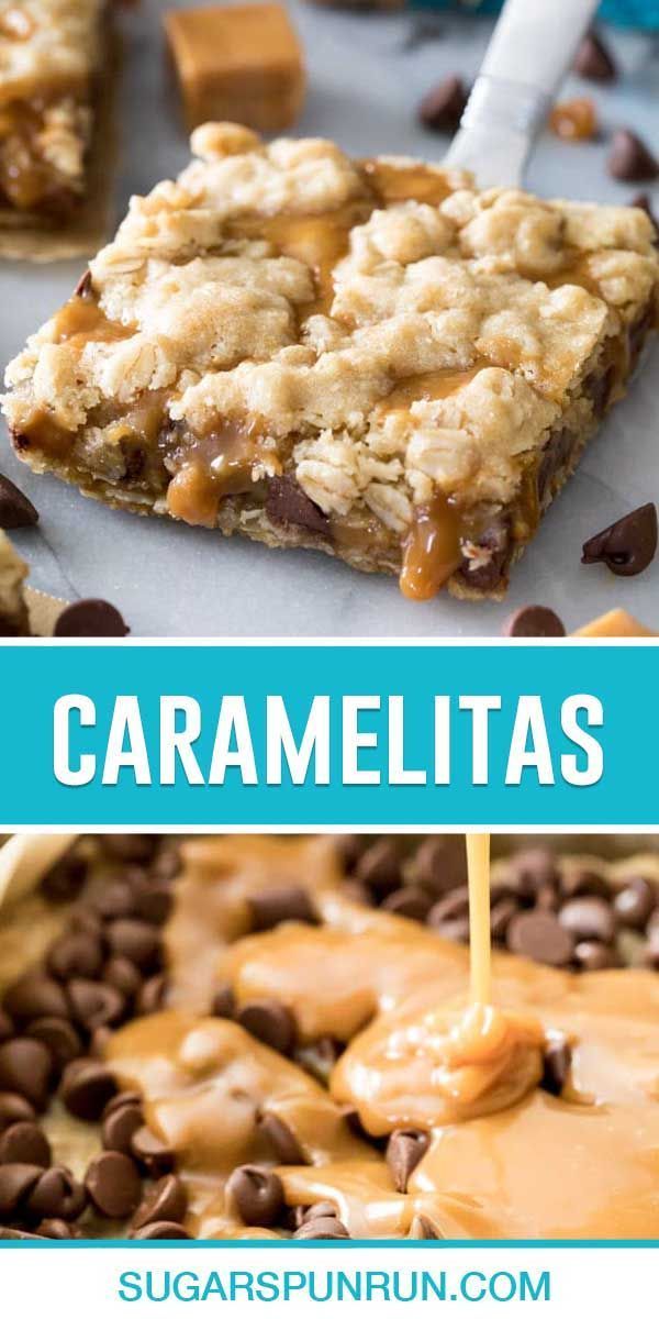 caramelia bars with chocolate chips and peanut butter on top, one is being drizzled with caramel