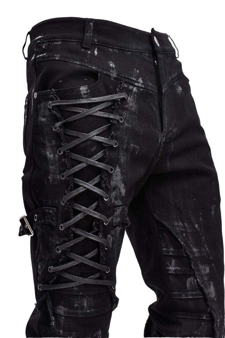 The Zombie Goth Pants Apocalyptic, distressed skinny trousers with rough criss-cross lacing, buckled straps, and painted-on streaks. These edgy and unique pants are a must-have for the goth club or gigging. Comfy, practical and stylish. Material: Cotton/Spandex. Size S M L XL 2XL 3XL 4XL Waist 84cm/33.1" 89cm/35.0" 94cm/37.0 99cm/"38.9 114cm/44.9" 114.5cm/45.1 115cm/45.3" Hips 97cm/38.2" 102cm/40.2” 107cm/42.1" 112cm/44.1" 117cm/46.1" 122cm/48.0" 127cm/50.0" Length 112cm/44.1" 112.5cm/44.3" 113c Apocalypse Pants, Punk Apocalypse, Evil Fashion, Zombie Goth, Edgy Pants, Gothic Fashion Men, Stile Punk Rock, Goth Pants, Unique Pants