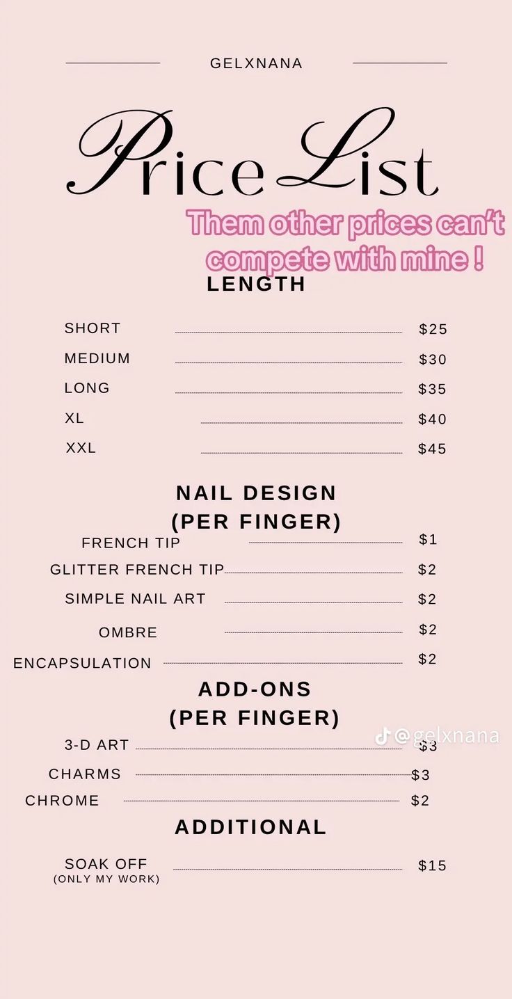 Nail Tech Length Chart, Nail Tech Prices Guide, Nail Business Price List, Nail Schedule Ideas, Nail Tech Information, Mail Inspo Beginner, Nail Salon Checklist, Nail Tech Guide, Nail Tech Cart Organization