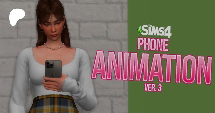 an animated woman holding a cell phone next to a brick wall with the text sim4 phone animation, vol 3