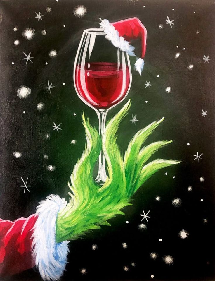 a painting of a hand holding a wine glass with santa's hat on it