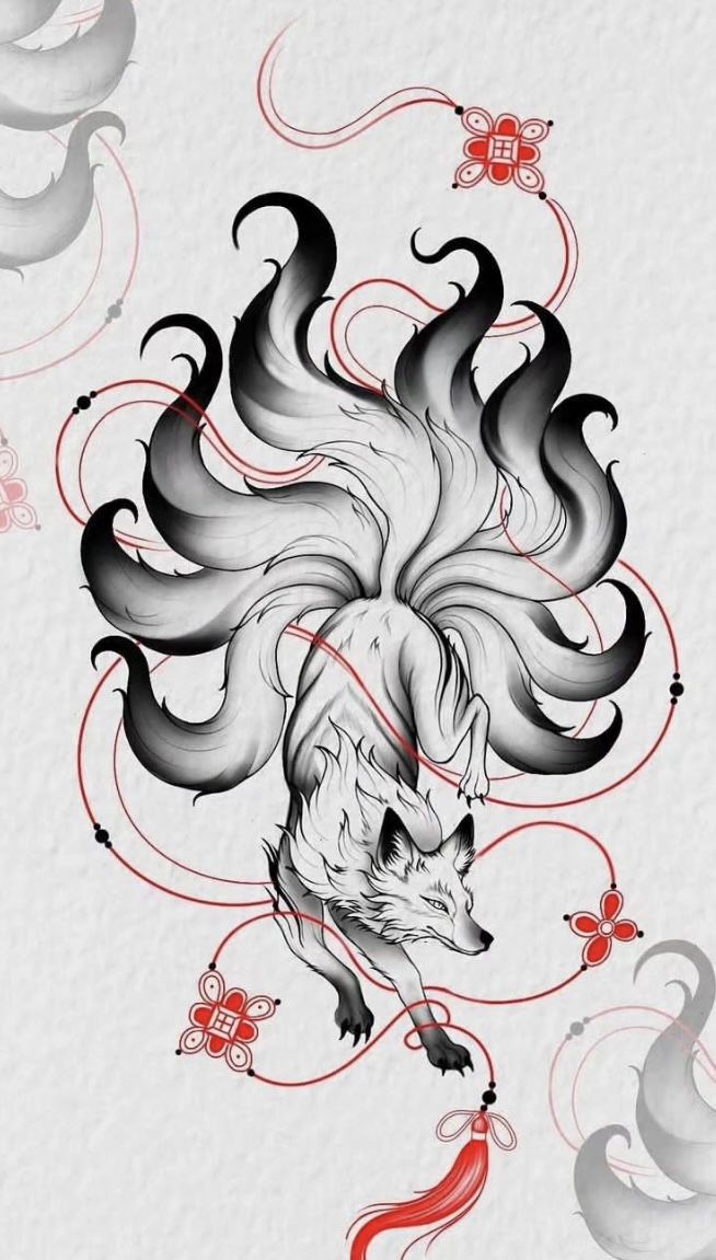 a drawing of a wolf with flowers and swirls on it's back side