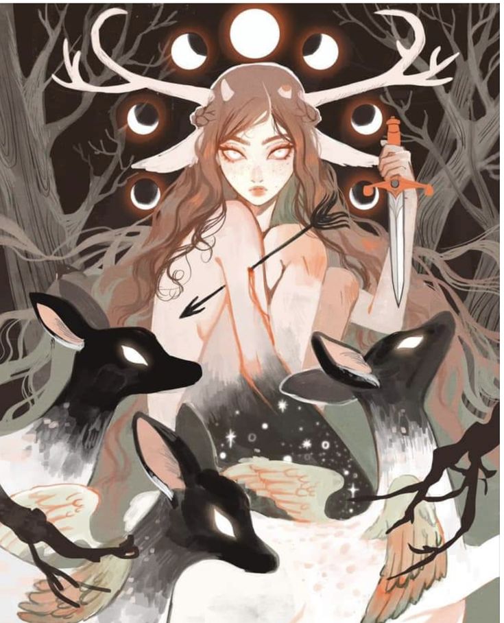 a woman holding a knife and surrounded by deer