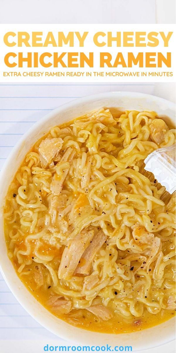 creamy cheesy chicken ramen in a white bowl