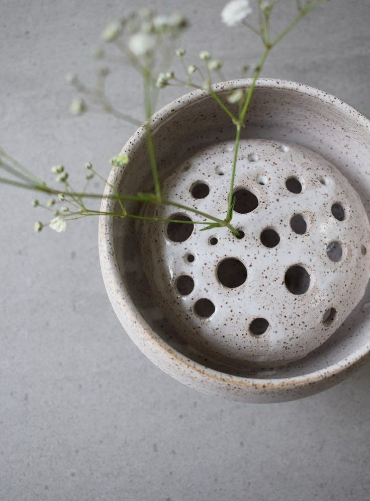 a white ceramic bowl with holes in it and some flowers growing out of the inside