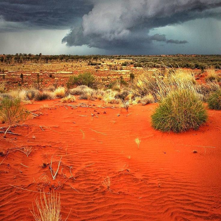 storm clouds over the desert with red sand and grass in foreground, on an overcast day