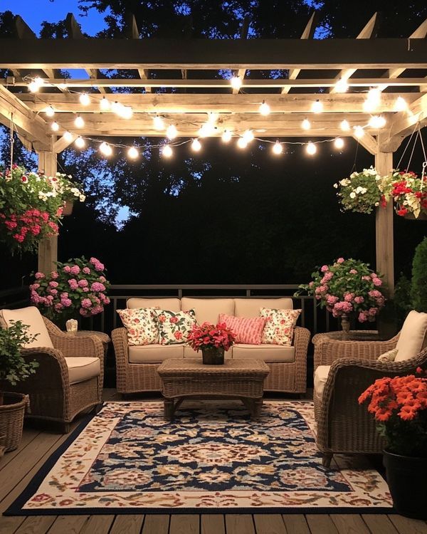 an outdoor living area with patio furniture and flowers