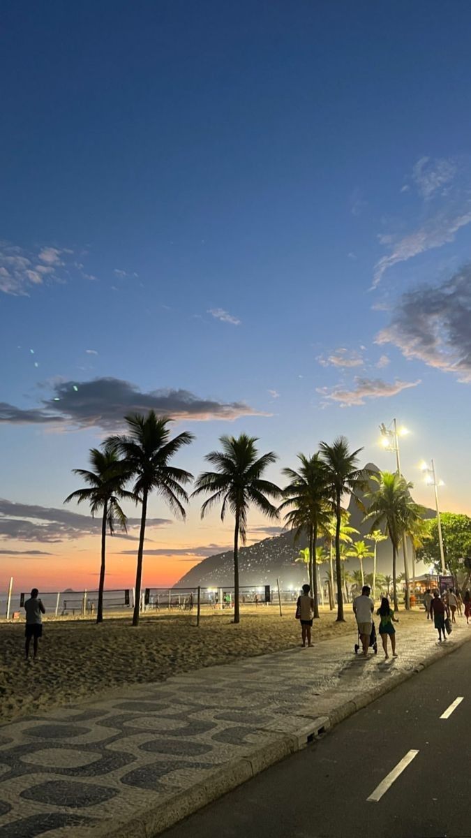 people are walking on the beach at sunset with palm trees in the foreground and an ocean view behind them