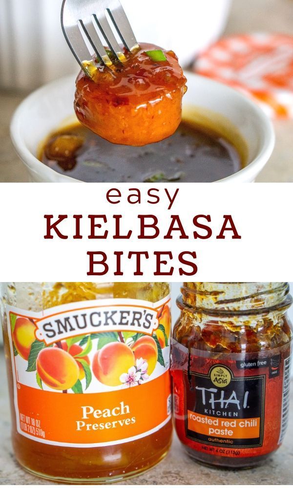 a fork full of keebbasa sauce with peaches in the background and an image of a jar of pickles