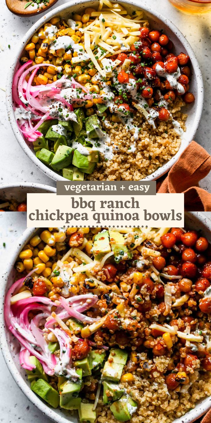 two bowls filled with different types of food and the words vegetarian easy bbq ranch chickpea quinoa bowls