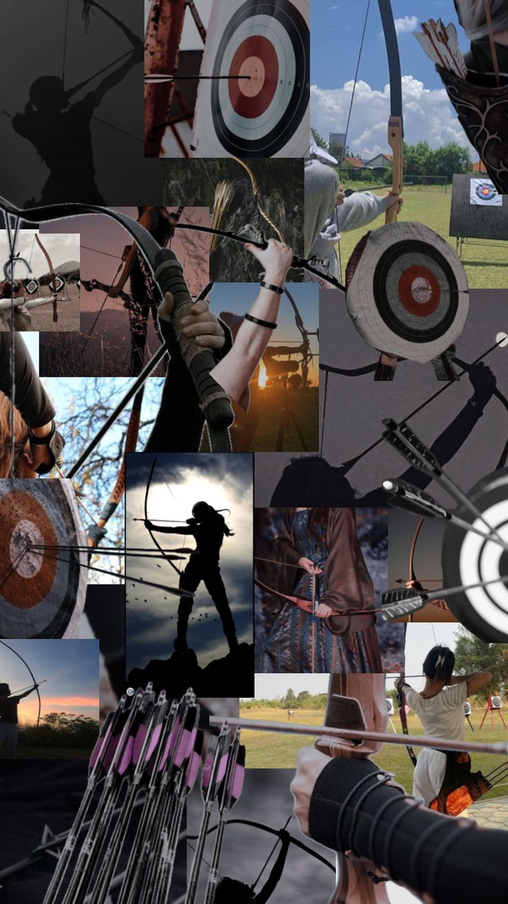 a collage of photos with people holding arrows and archery bows in front of them