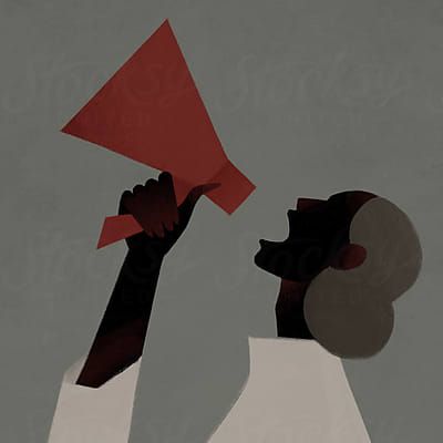 a person holding a red and white paper in their hand with a megaphone up to their ear