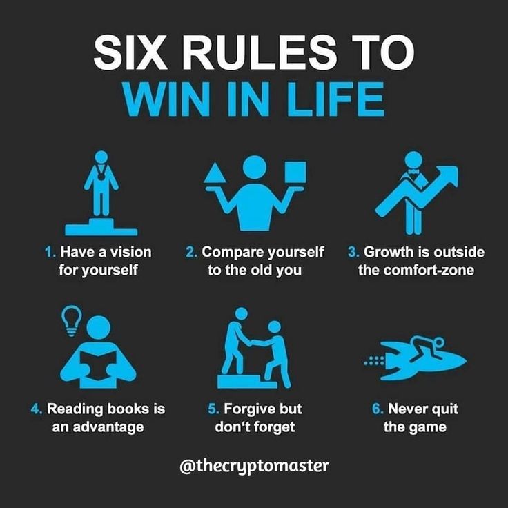 six rules to win in life with blue symbols on the black background and white lettering