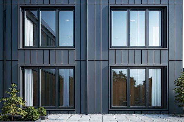 two large windows on the side of a building with potted plants in front of them