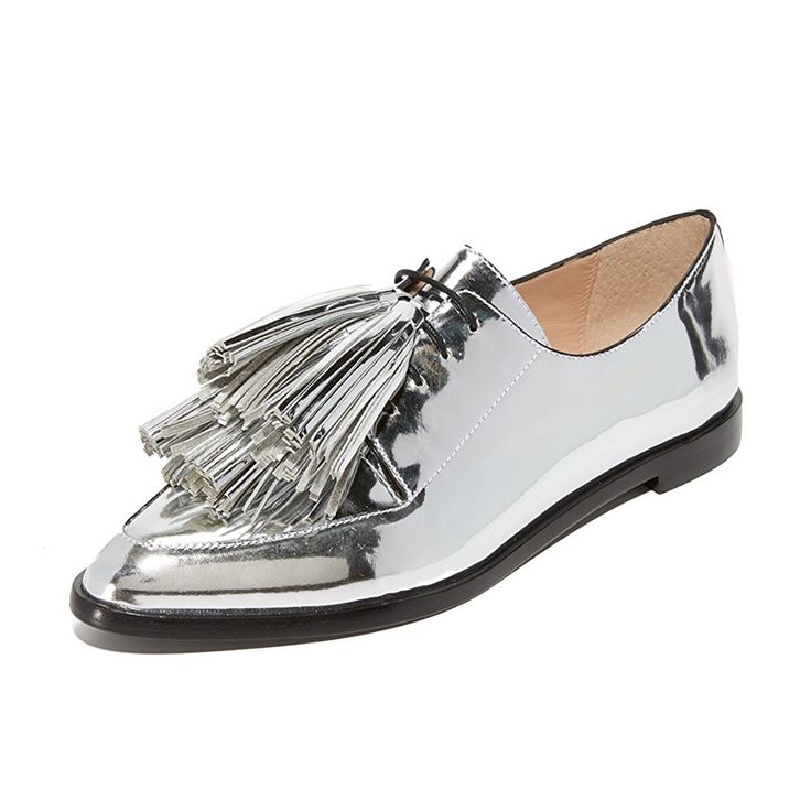 Step into style with these Metallic Silver Lace Up Fringe Oxfords. The perfect blend of sophistication and flair, these shoes add a touch of shine to your everyday ensemble. Color: Silver Material: Metallic finish Toe: Closed toe Lace-up design and fringe embellishment Handcrafted US sizing. Fits true to size. Jordan Shoes For Women, Shoe Sketches, Black Shoes Heels, Shoes Drawing, Shoes Teen, Sincerely Jules, Latest Shoe Trends, Silver Lace, Metal Lace