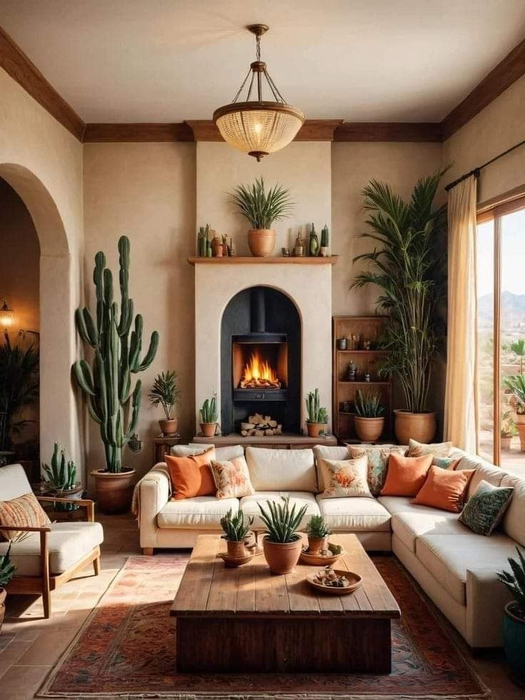 a living room filled with lots of furniture and potted plants on top of it