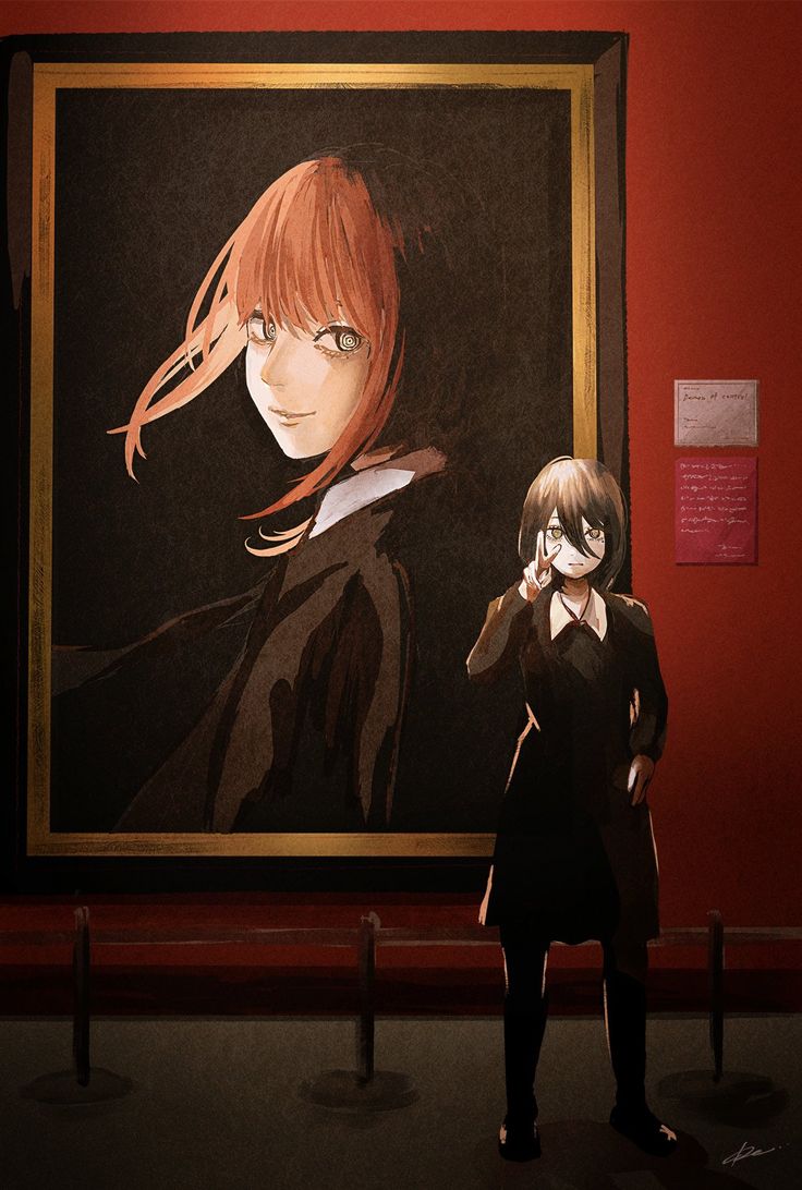 a woman standing in front of a painting with red hair and bangs next to another woman