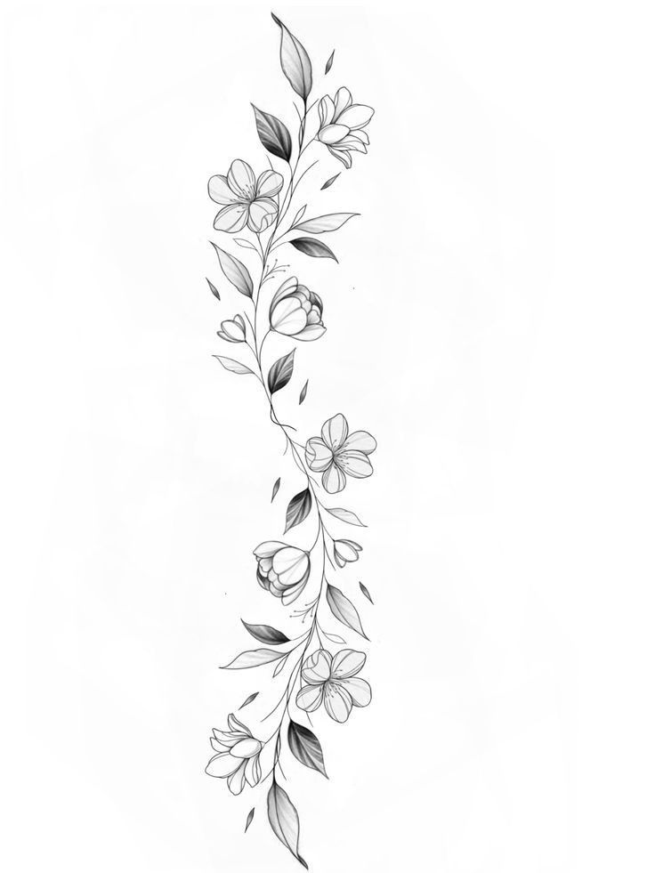 a black and white drawing of flowers with leaves on the bottom half of their arm