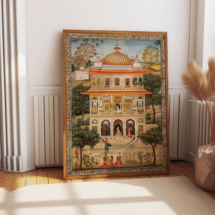 an ornate painting on the wall next to a potted plant and radiator