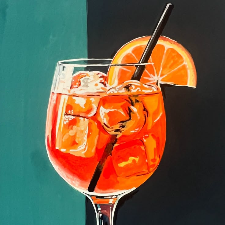 a painting of an orange drink in a glass with a straw and garnish on the rim