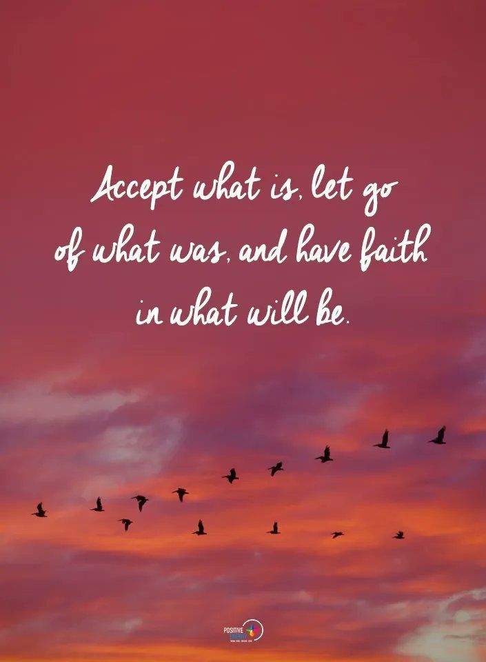 birds flying in the sky at sunset with a quote about accept what is let go of what was and have faith in what will be