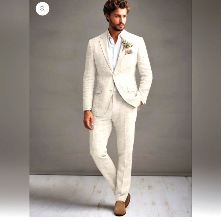 Gently Used Suit. Perfect For A Wedding Or Formal. Tailored To Fit An Average Sized 12 Year Old. Measurements: Chest: 38.5 In Shoulder: 20in Waist: 37.5 In Pant Length: 38in No Damage Beige Linen Suit For Wedding, Elegant Beige Wedding Suits, Tailored Linen Suit For Wedding, Beige Linen Wedding Suit, Luxury White Linen Suits, White Fitted Suit For Wedding Guest, Fitted White Suit For Wedding Guest, White Linen Suit, Linen Suit