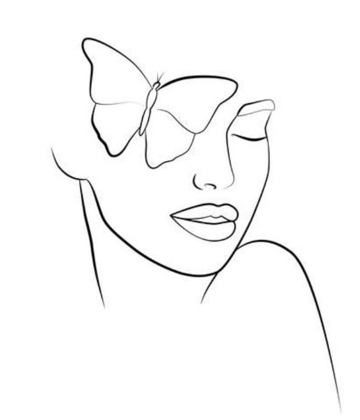 a line drawing of a woman's face with a butterfly on her forehead